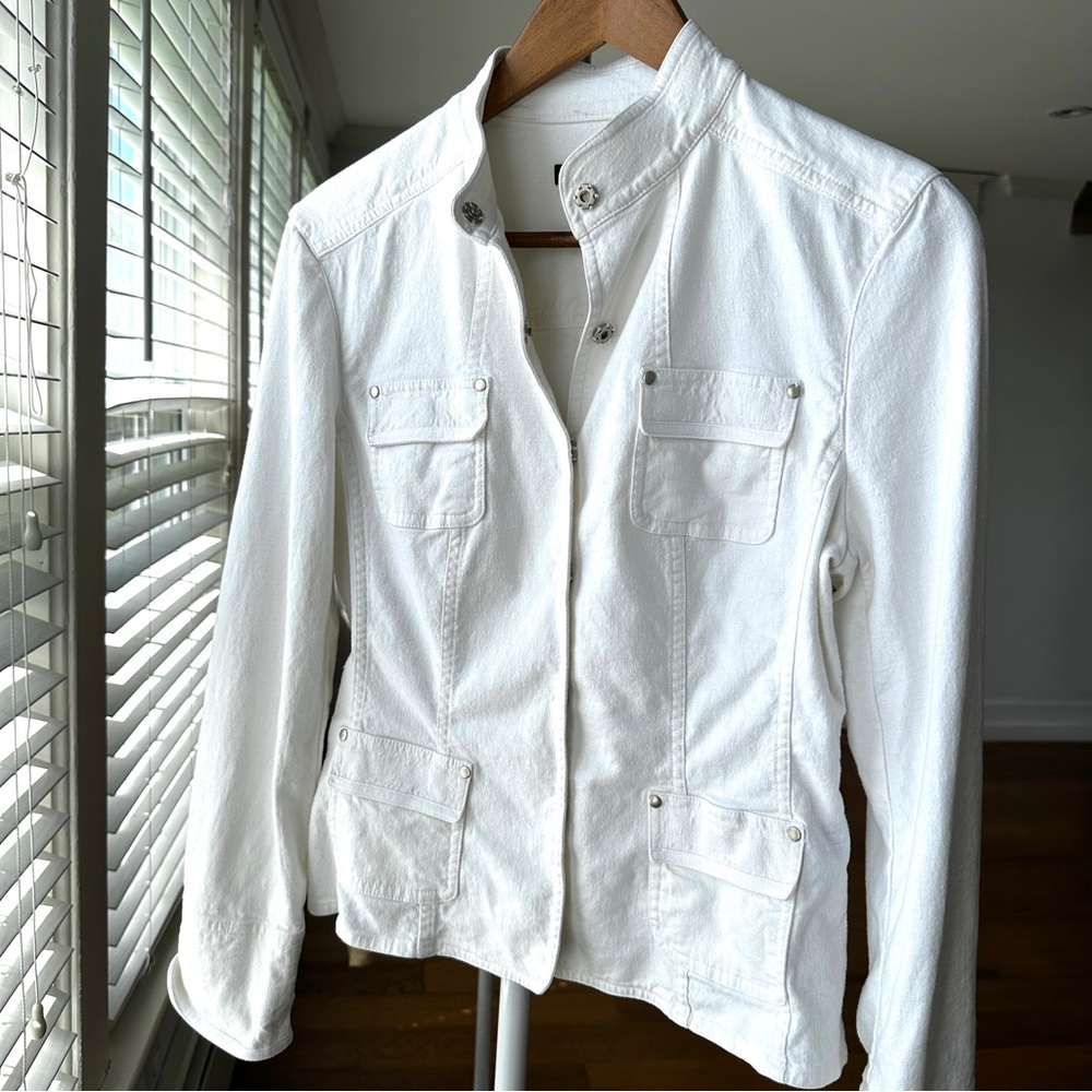 Tahari Women's White Linen Bomber Jacket